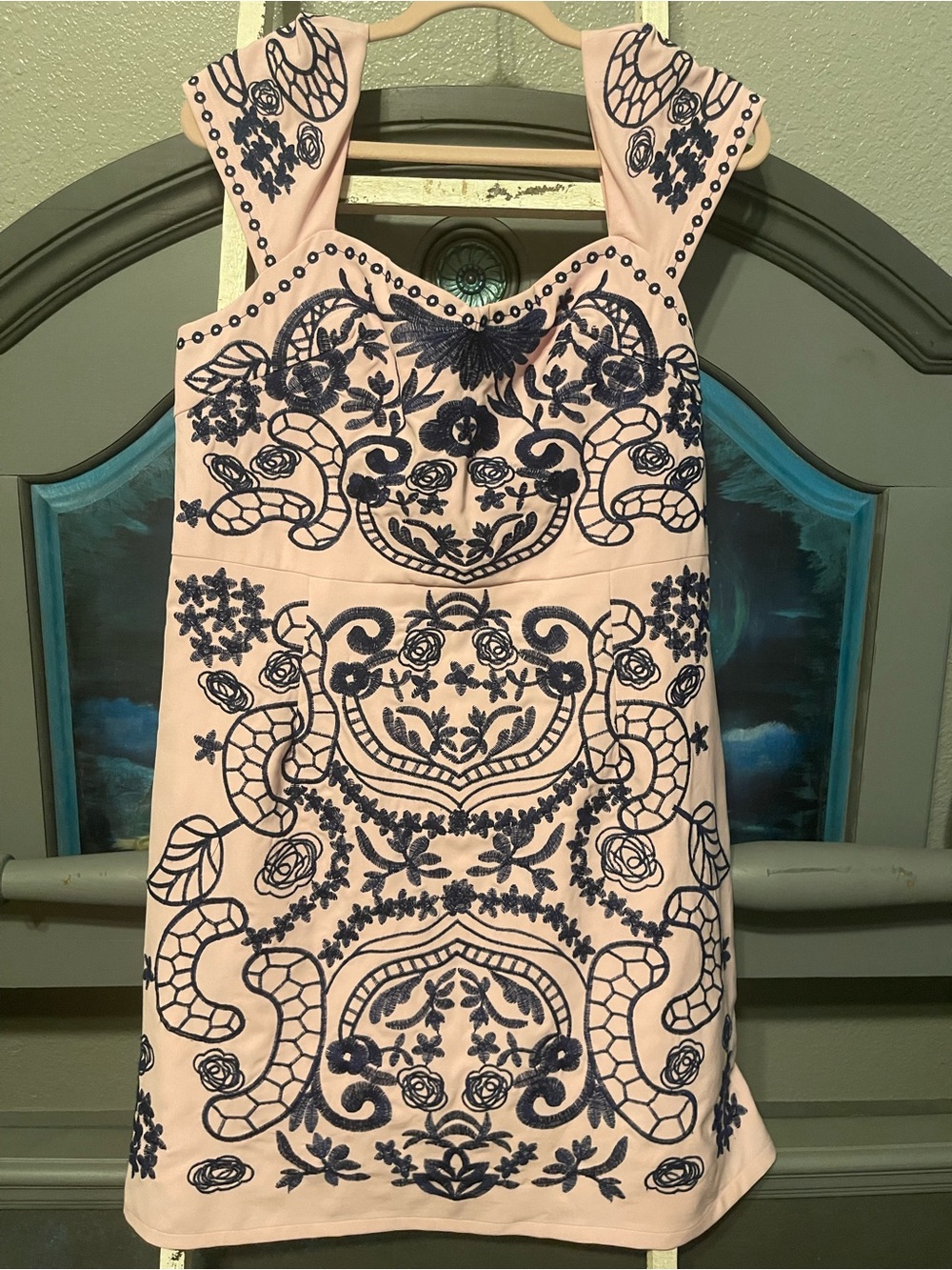 foxiedox Pink Dress with Navy Embroidered Floral Detail